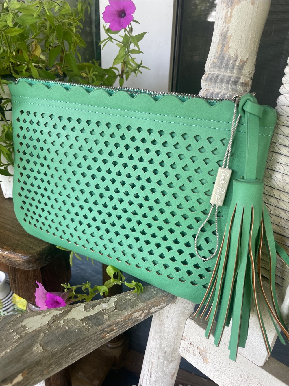 Leather Charlie Paige Mint Green Perforated Tassel Wristlet Clutch